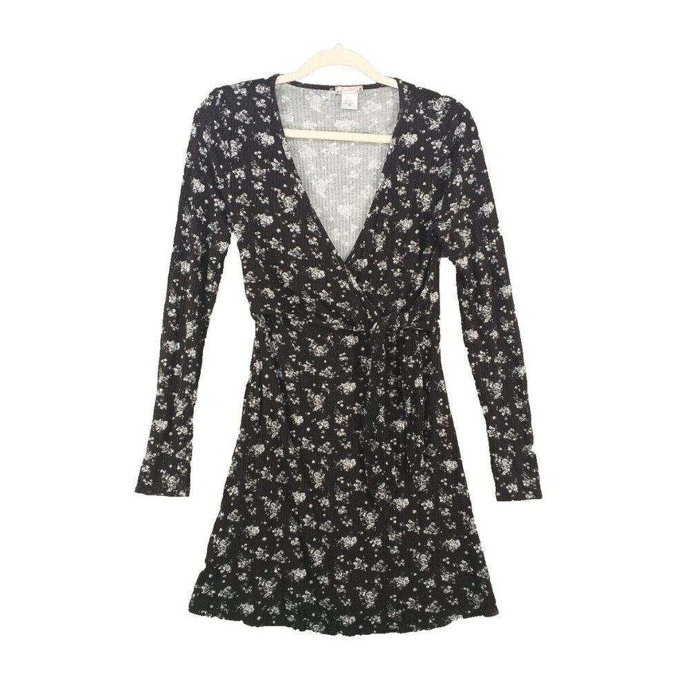 LUNA CHIX Floral  Mini Dress M (8-10) Rayon Knit Black Surplice Neck Waist Tie